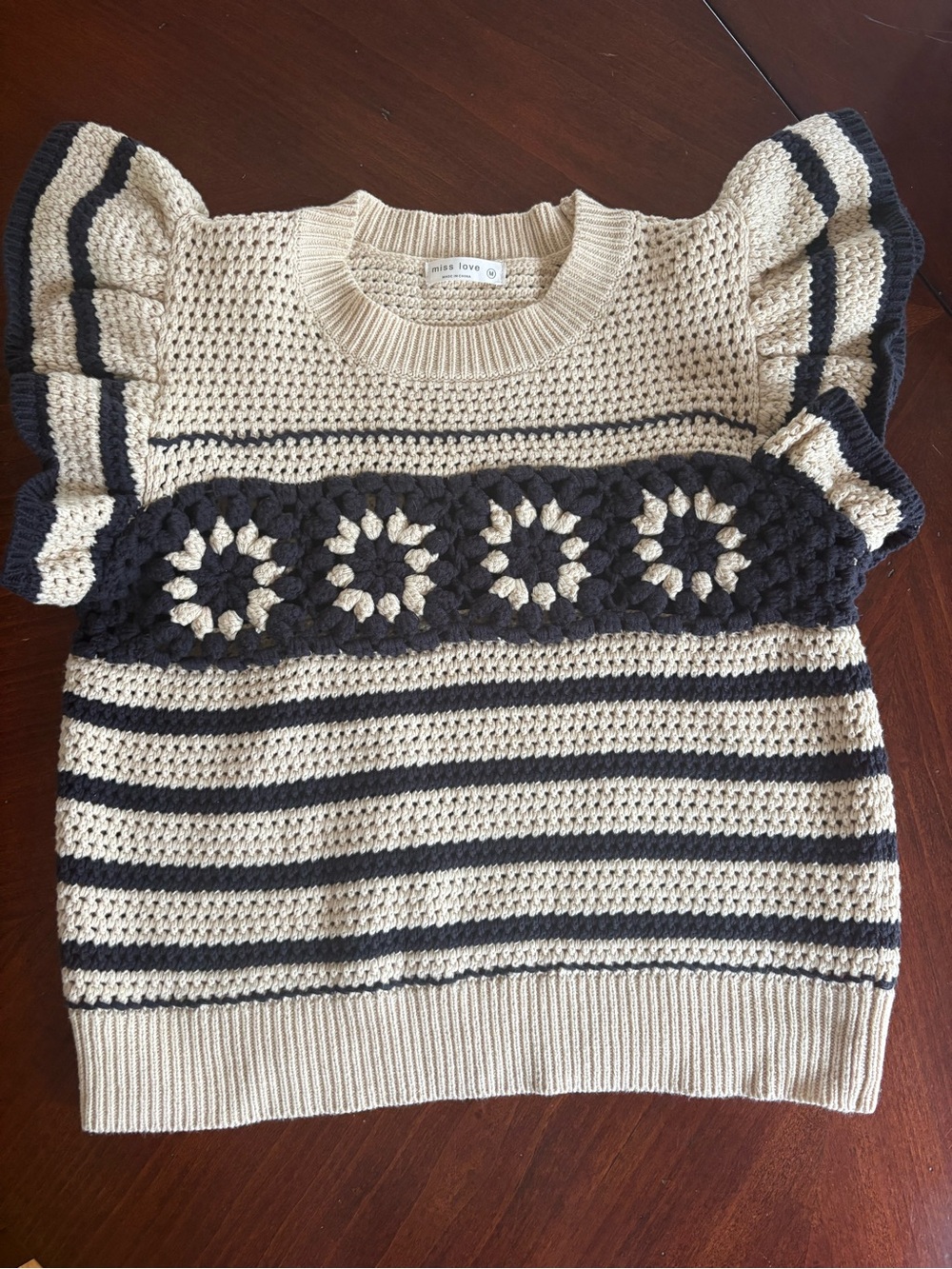 Miss Love Crocheted Stripe Flutter-Sleeve Sweater Top - Cream & Black